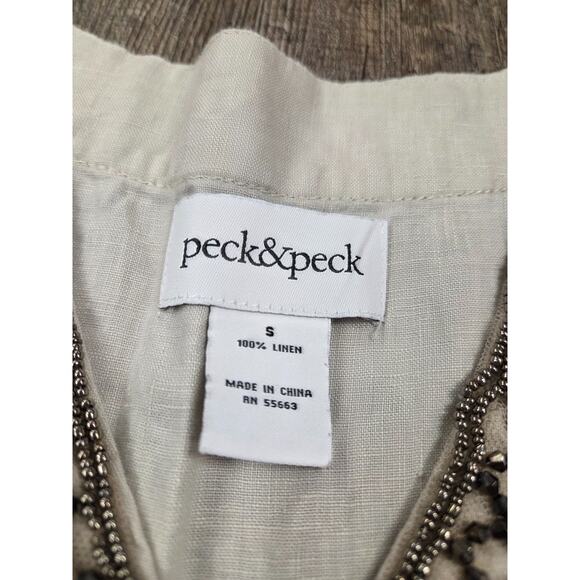 Peck & Peck 100% Linen Top Beaded Beige Tan V neck Sleeveless Blouse Shirt Small - Picture 4 of 6